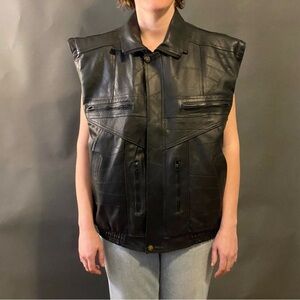 Black Leather Sleeveless Vest with Zipper
